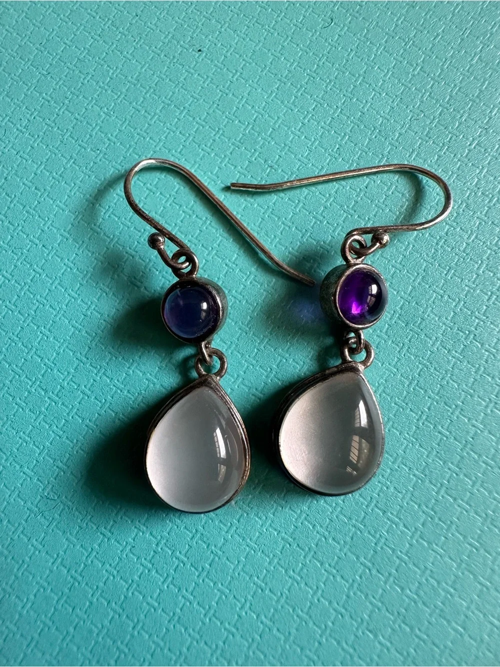 Vintage Sterling Moonstone And Amethyst Mystic Dangle Earrings